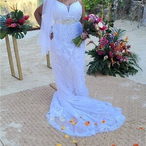 GALINA SIGNATURE beaded lace mermaid strappy wedding dress with bustling.